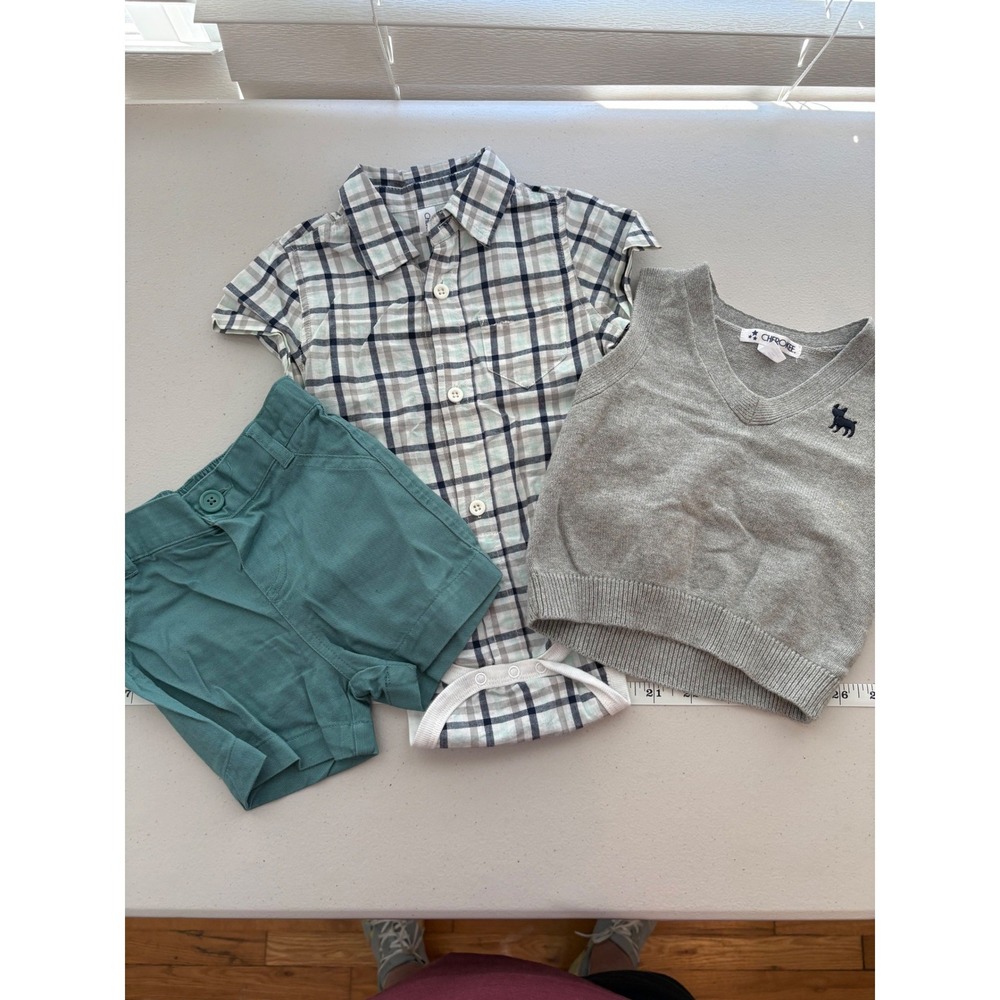 Cherokee Baby Boys 3pc Plaid Bodysuit Sweater Vest and Shorts Set 6-9 Months